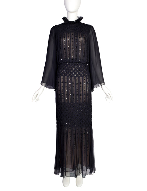 Oscar de la Renta Vintage AW 2006 Black Sheer Silk Chiffon Smocked Ple   Amarcord Vintage Fashion