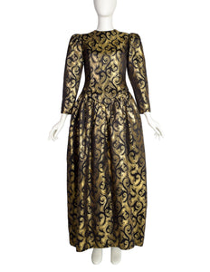 Oscar de la Renta Vintage 1980s Black Satin and Gold Metallic Brocade Swirl Evening Dress