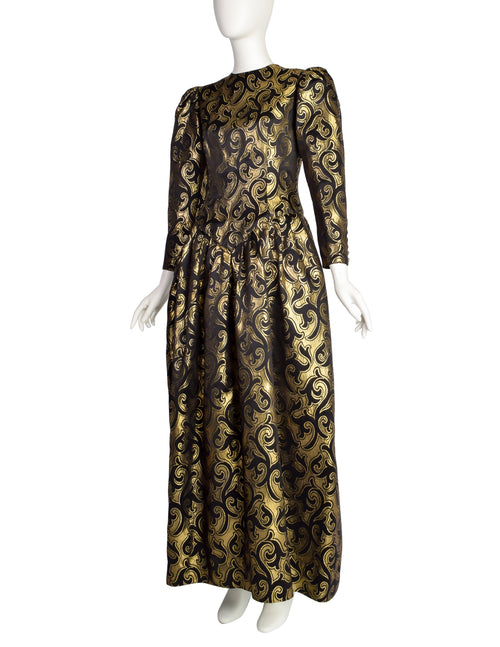 Oscar de la Renta vintage 総柄スカート 9AR Oscar de la Renta - Navy Silk Postcard Print Belted