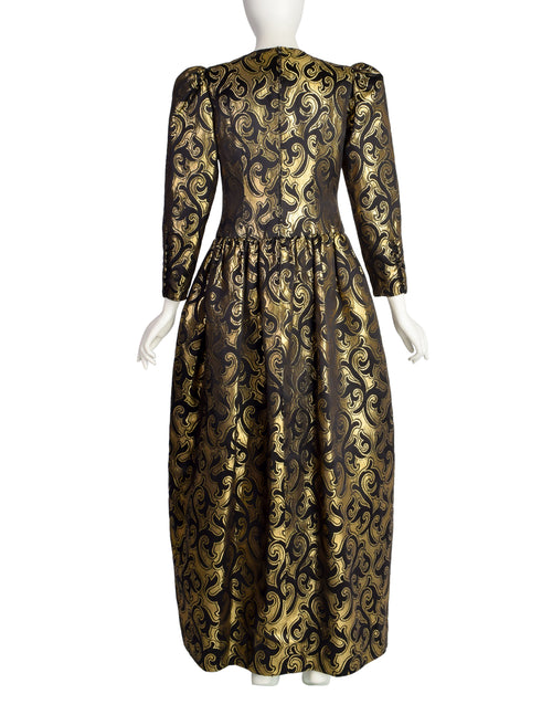 Oscar de la Renta Vintage 1980s Black Satin and Gold Metallic Brocade Amarcord Vintage Fashion Oscar de la Renta Vintage 1980s Black Satin and Gold Metallic Brocade Amarcord Vintage Fashion