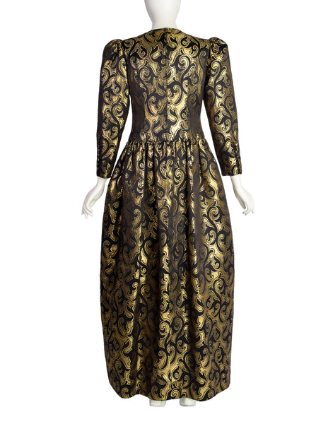 Oscar de la Renta Vintage 1980s Black Satin and Gold Metallic Brocade Swirl Evening Dress