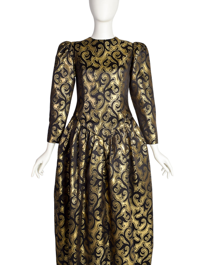 Oscar de la Renta Vintage 1980s Black Satin and Gold Metallic Brocade Amarcord Vintage Fashion Oscar de la Renta Vintage 1980s Black Satin and Gold Metallic Brocade Amarcord Vintage Fashion