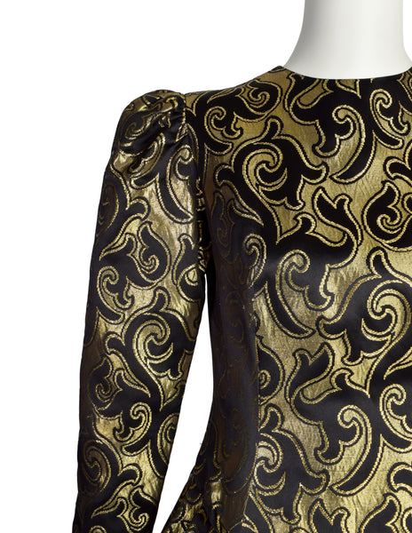 Oscar de la Renta Vintage 1980s Black Satin and Gold Metallic Brocade Swirl Evening Dress