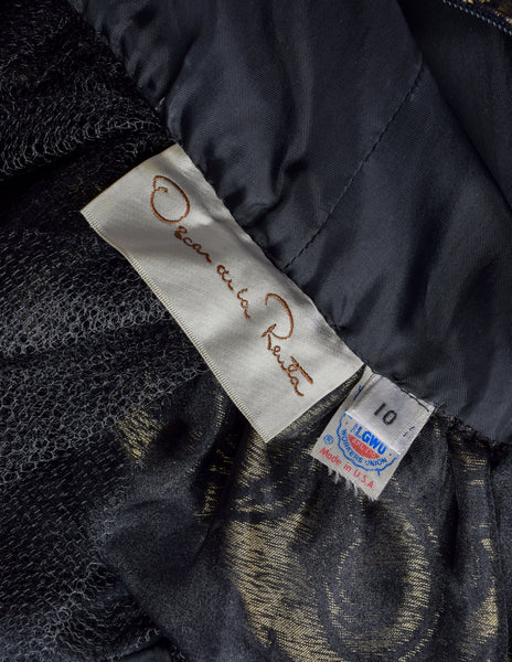 Oscar de la Renta Vintage 1980s Black Satin and Gold Metallic Brocade Swirl Evening Dress