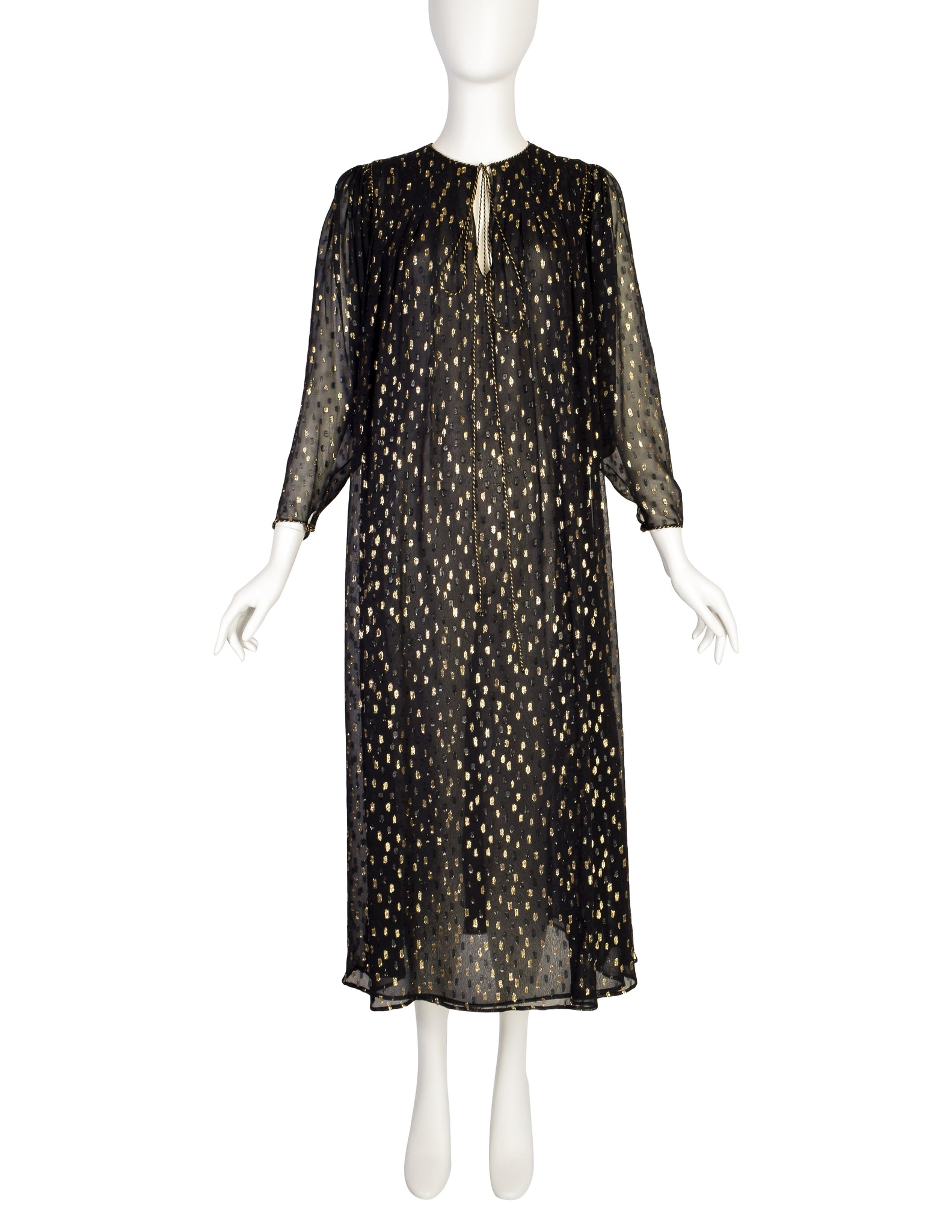 Oscar de la Renta Vintage Black Gold Sheer Chiffon Lurex Dot Tent Dress