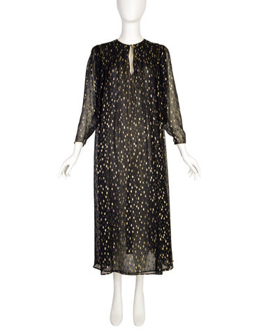 Oscar de la Renta Vintage Black Gold Sheer Chiffon Lurex Dot Tent Dress