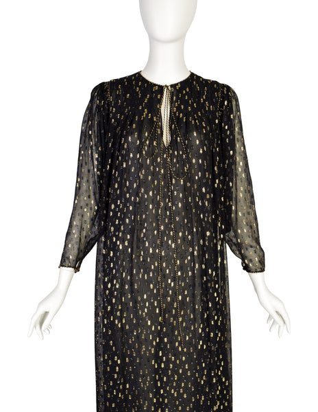 Oscar de la Renta Vintage Black Gold Sheer Chiffon Lurex Dot Tent Dress