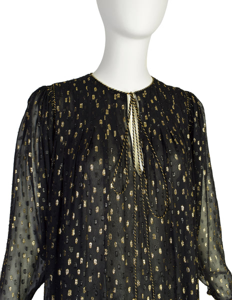 Oscar de la Renta Vintage Black Gold Sheer Chiffon Lurex Dot Tent Dress