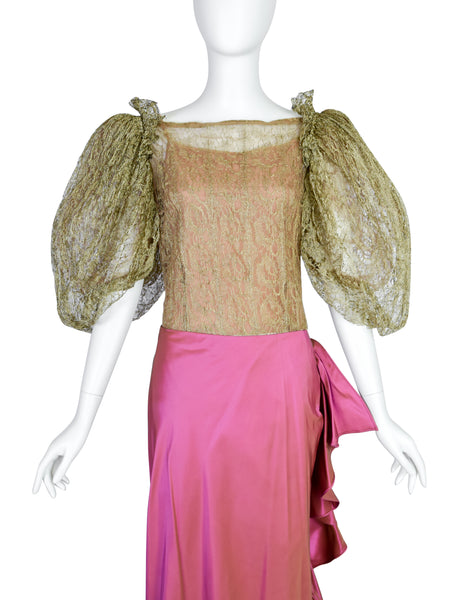 Oscar de la Renta 2001 Metallic Gold Lace Puff Sleeve Top and Pink Silk Taffeta Skirt Ensemble Set