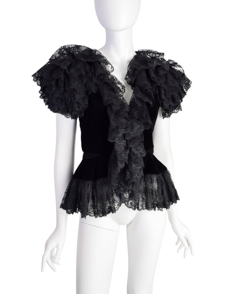 Oscar de la Renta Vintage Incredible Black Velvet Layered Lace Statement Sleeve Top