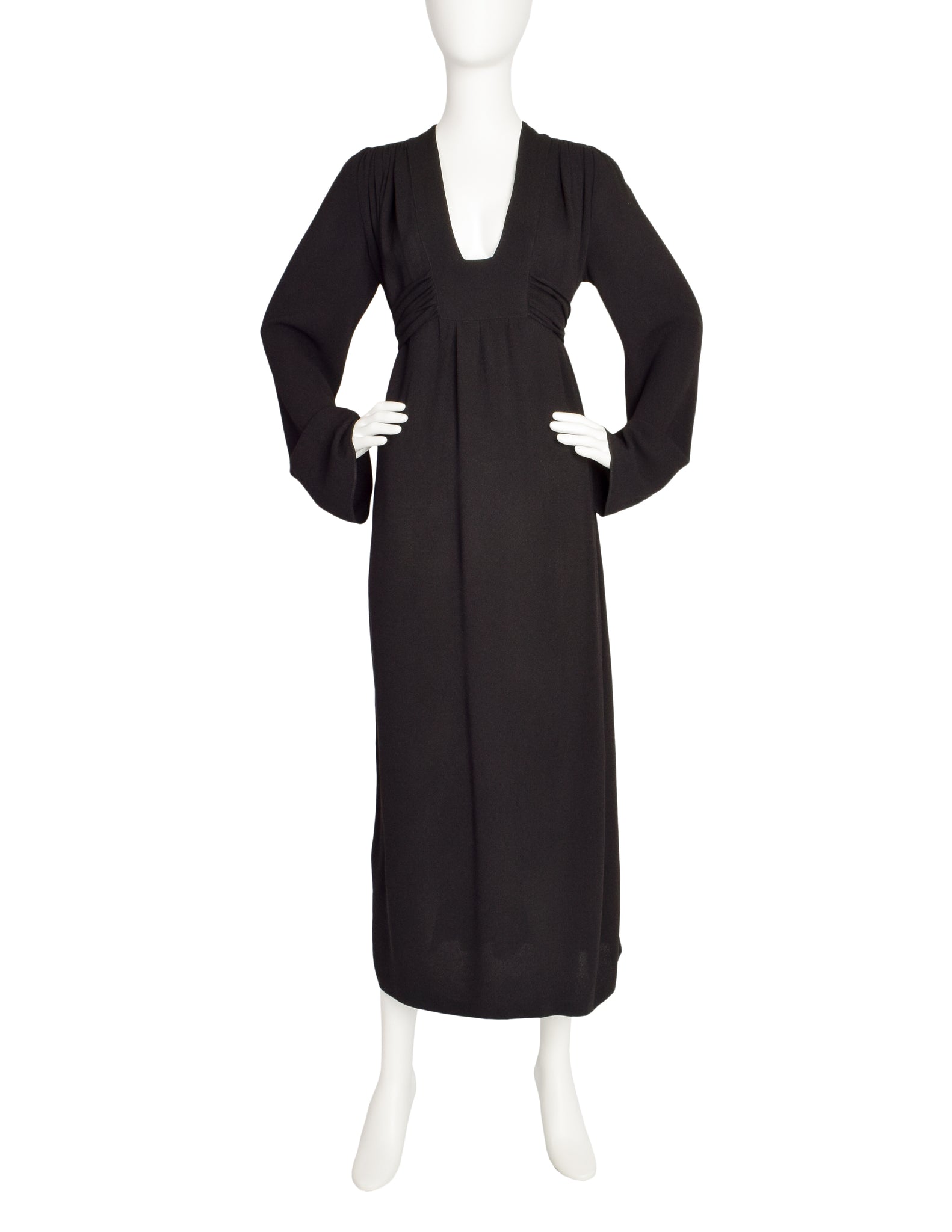 Ossie Clark Vintage Black Plunging Moss Crepe Empire Waist Dress
