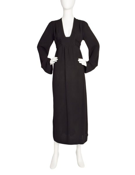 Ossie Clark Vintage Black Plunging Moss Crepe Empire Waist Dress