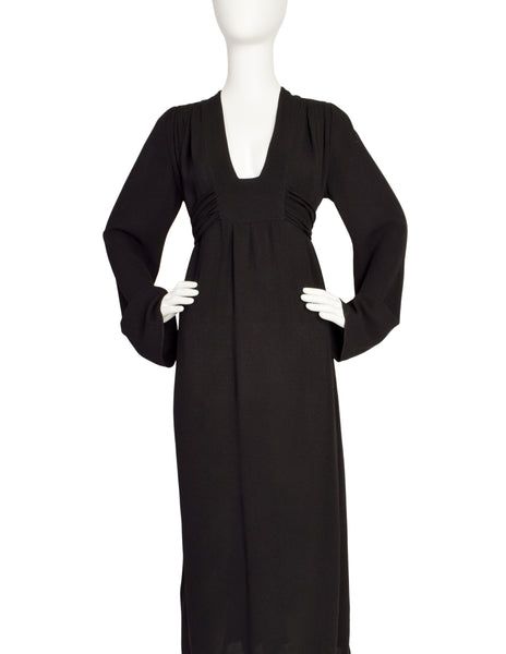 Ossie Clark Vintage Black Plunging Moss Crepe Empire Waist Dress