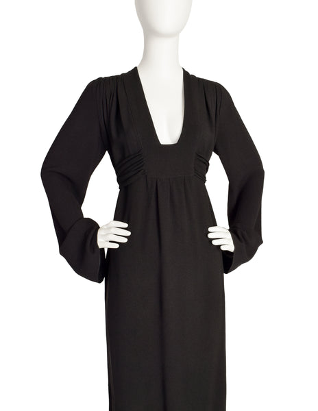 Ossie Clark Vintage Black Plunging Moss Crepe Empire Waist Dress