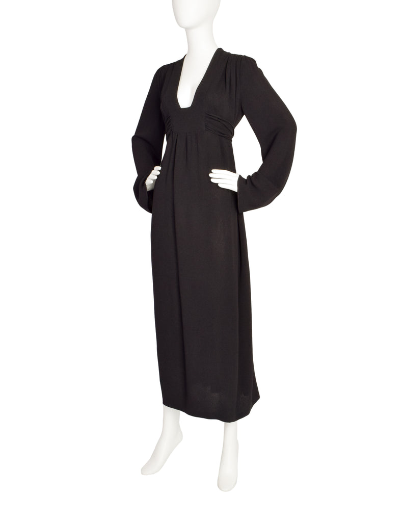 Ossie Clark Vintage Black Plunging Moss Crepe Empire Waist Dress Amarcord Vintage Fashion Ossie Clark Vintage Black Plunging Moss Crepe Empire Waist Dress Amarcord Vintage Fashion