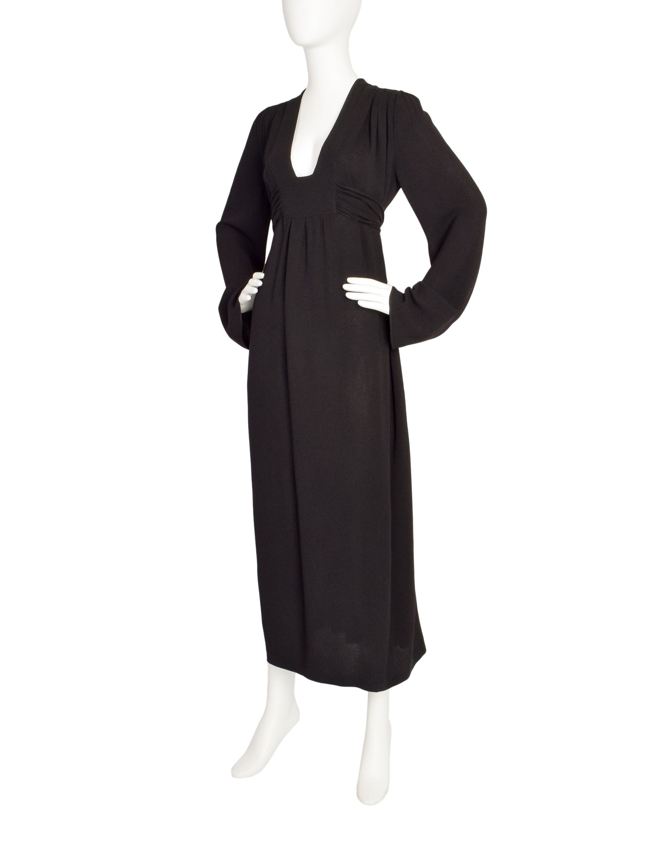 Ossie Clark Vintage Black Plunging Moss Crepe Empire Waist Dress
