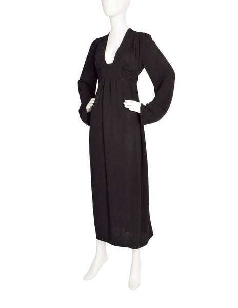Ossie Clark Vintage Black Plunging Moss Crepe Empire Waist Dress