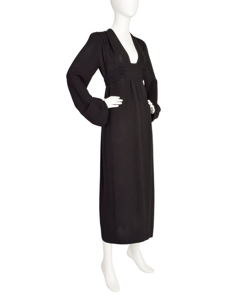 Ossie Clark Vintage Black Plunging Moss Crepe Empire Waist Dress