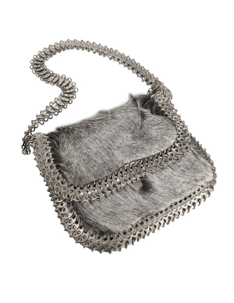Paco Rabanne Attributed Vintage 1960s Grey Calf Hair Metal Disc Chain Link Shoulder Bag