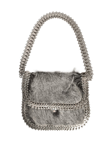 Paco Rabanne Attributed Vintage 1960s Grey Calf Hair Metal Disc Chain Link Shoulder Bag