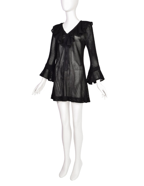Paraphernalia Vintage Youthquake Black Open Knit Bell Sleeve Ruffle Mini Dress