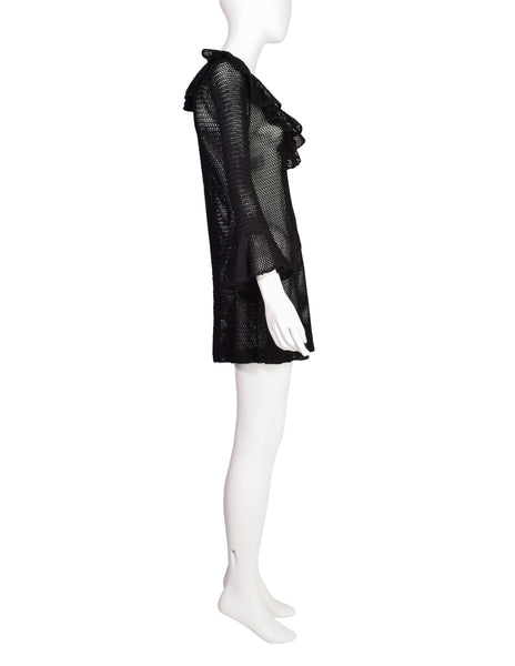 Paraphernalia Vintage Youthquake Black Open Knit Bell Sleeve Ruffle Mini Dress