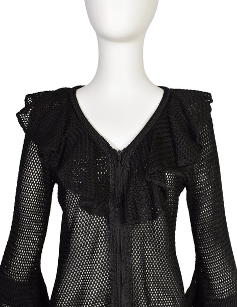 Paraphernalia Vintage Youthquake Black Open Knit Bell Sleeve Ruffle Mini Dress