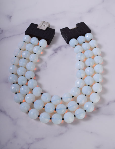 Patricia von Musulin Vintage Faceted Opaline Bead and Carved 'Alligator' Ebony Sterling Silver Necklace