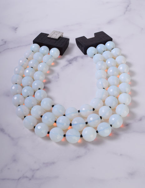 Patricia von Musulin Vintage Faceted Opaline Bead and Carved 'Alligator' Ebony Sterling Silver Necklace
