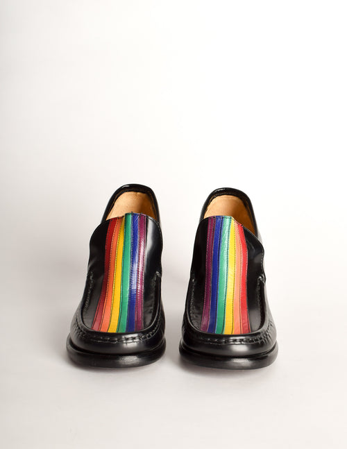 Patrick Cox Vintage Rainbow Stripe Black Leather Heeled Loafer Shoes Amarcord Vintage Fashion