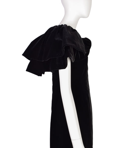 Pauline Trigere Vintage Black Velvet Dramatic Collar Full Length Dress