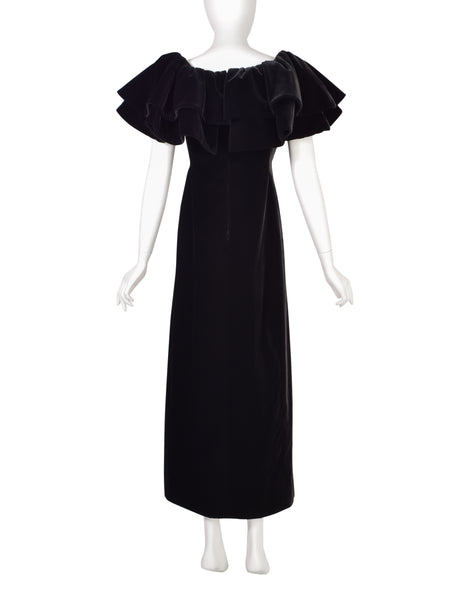 Pauline Trigere Vintage Black Velvet Dramatic Collar Full Length Dress