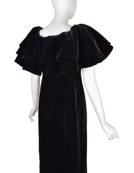 Pauline Trigere Vintage Black Velvet Dramatic Collar Full Length Dress