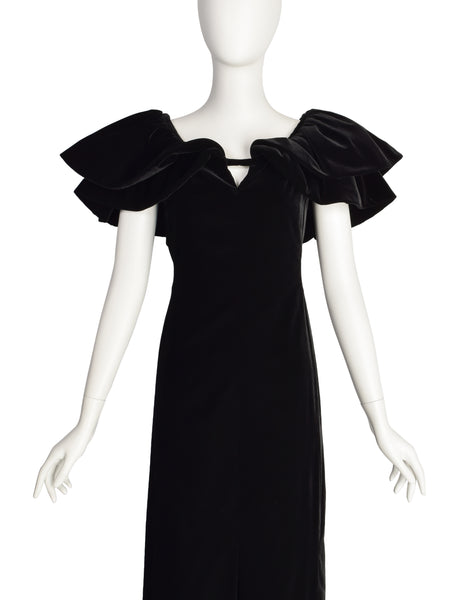 Pauline Trigere Vintage Black Velvet Dramatic Collar Full Length Dress