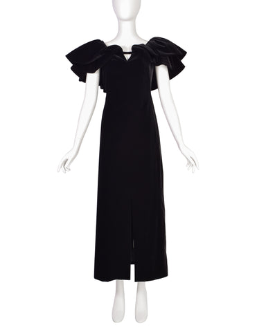 Pauline Trigere Vintage Black Velvet Dramatic Collar Full Length Dress