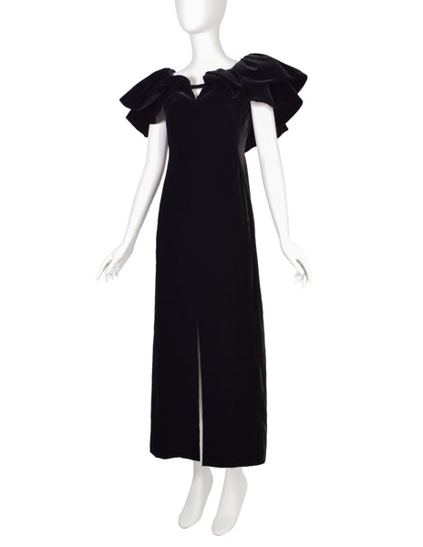 Pauline Trigere Vintage Black Velvet Dramatic Collar Full Length Dress