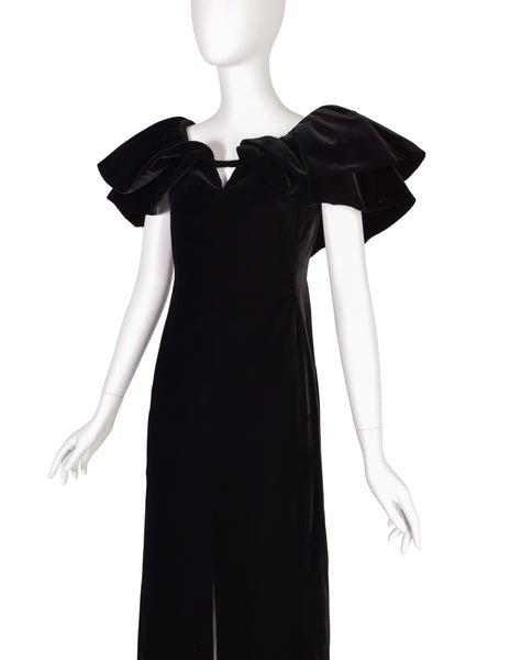 Pauline Trigere Vintage Black Velvet Dramatic Collar Full Length Dress