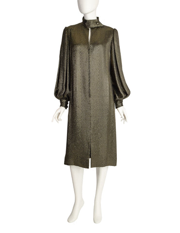 Pauline Trigere Vintage Black Silk and Gold Lurex Chevron Dramatic Sleeve Dress