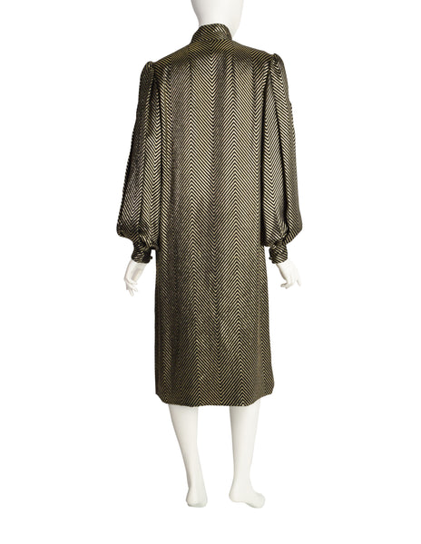 Pauline Trigere Vintage Black Silk and Gold Lurex Chevron Dramatic Sleeve Dress