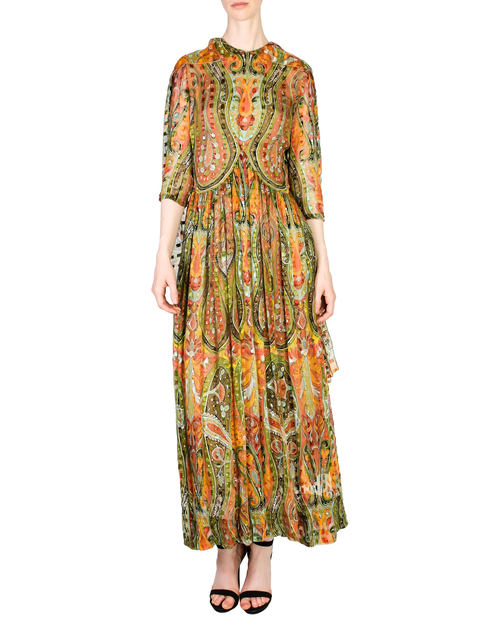 Pauline Trigere Vintage Sheer Patterned Silk Chiffon Jacquard Dress - Amarcord Vintage Fashion
 - 1