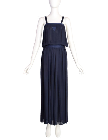 Per Spook Vintage Navy Blue Pleated Silk Chiffon Two Piece Ensemble