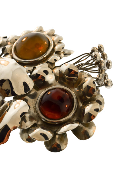 Perez Sanz Vintage 'Bouquet de Flores' Art-to-Wear Flower Resin Silver Oversized Brooch Belt Buckle