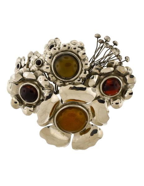 Perez Sanz Vintage 'Bouquet de Flores' Art-to-Wear Flower Resin Silver Oversized Brooch Belt Buckle