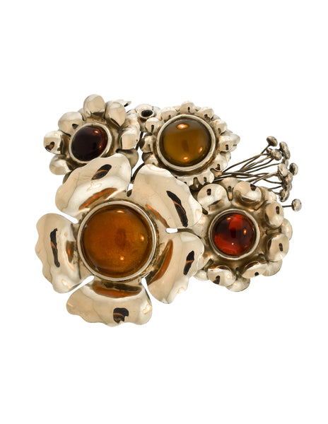 Perez Sanz Vintage 'Bouquet de Flores' Art-to-Wear Flower Resin Silver Oversized Brooch Belt Buckle