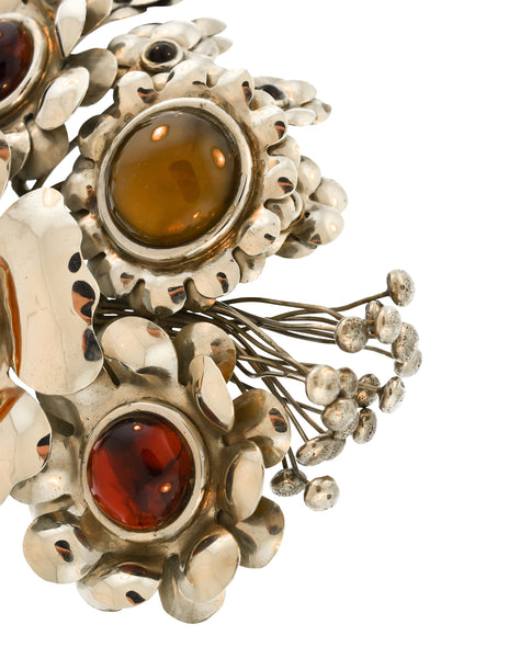 Perez Sanz Vintage 'Bouquet de Flores' Art-to-Wear Flower Resin Silver Oversized Brooch Belt Buckle
