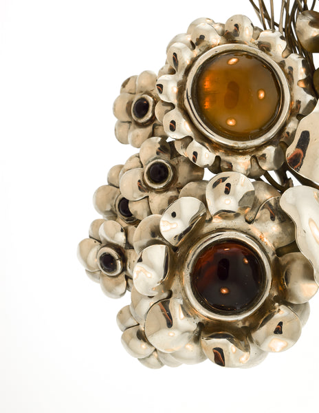Perez Sanz Vintage 'Bouquet de Flores' Art-to-Wear Flower Resin Silver Oversized Brooch Belt Buckle