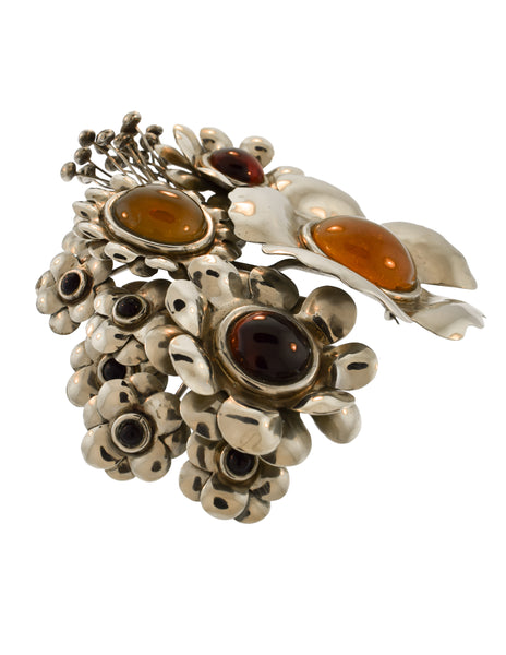 Perez Sanz Vintage 'Bouquet de Flores' Art-to-Wear Flower Resin Silver Oversized Brooch Belt Buckle