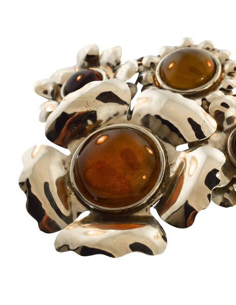 Perez Sanz Vintage 'Bouquet de Flores' Art-to-Wear Flower Resin Silver Oversized Brooch Belt Buckle