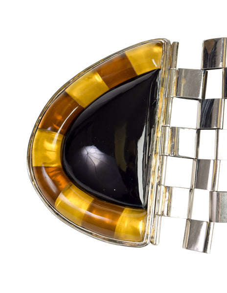 Perez Sanz Vintage Black Yellow Poured Resin Alpaca Silver Statement Box Link Belt