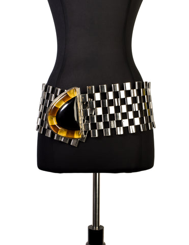 Perez Sanz Vintage Black Yellow Poured Resin Alpaca Silver Statement Box Link Belt
